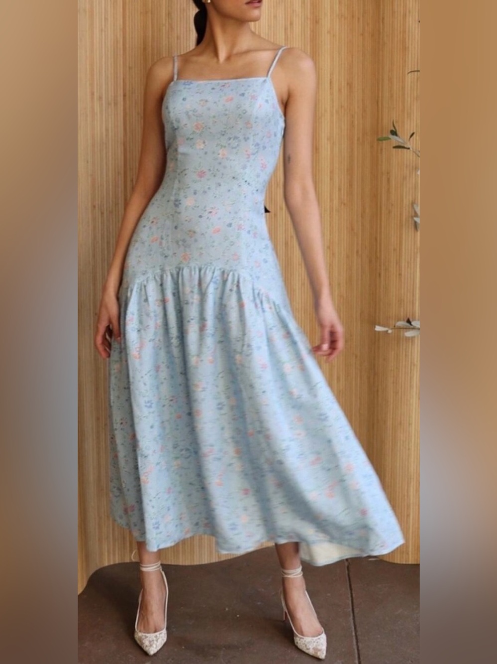 Sister Midi Dress Cisco Blue Wild Flower Linen Fitted Bodice Drop Waist Small